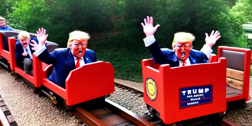 Prompt: a photo of Donald Trump falling off of a kiddy train, crying, taken in Silver Dollar City