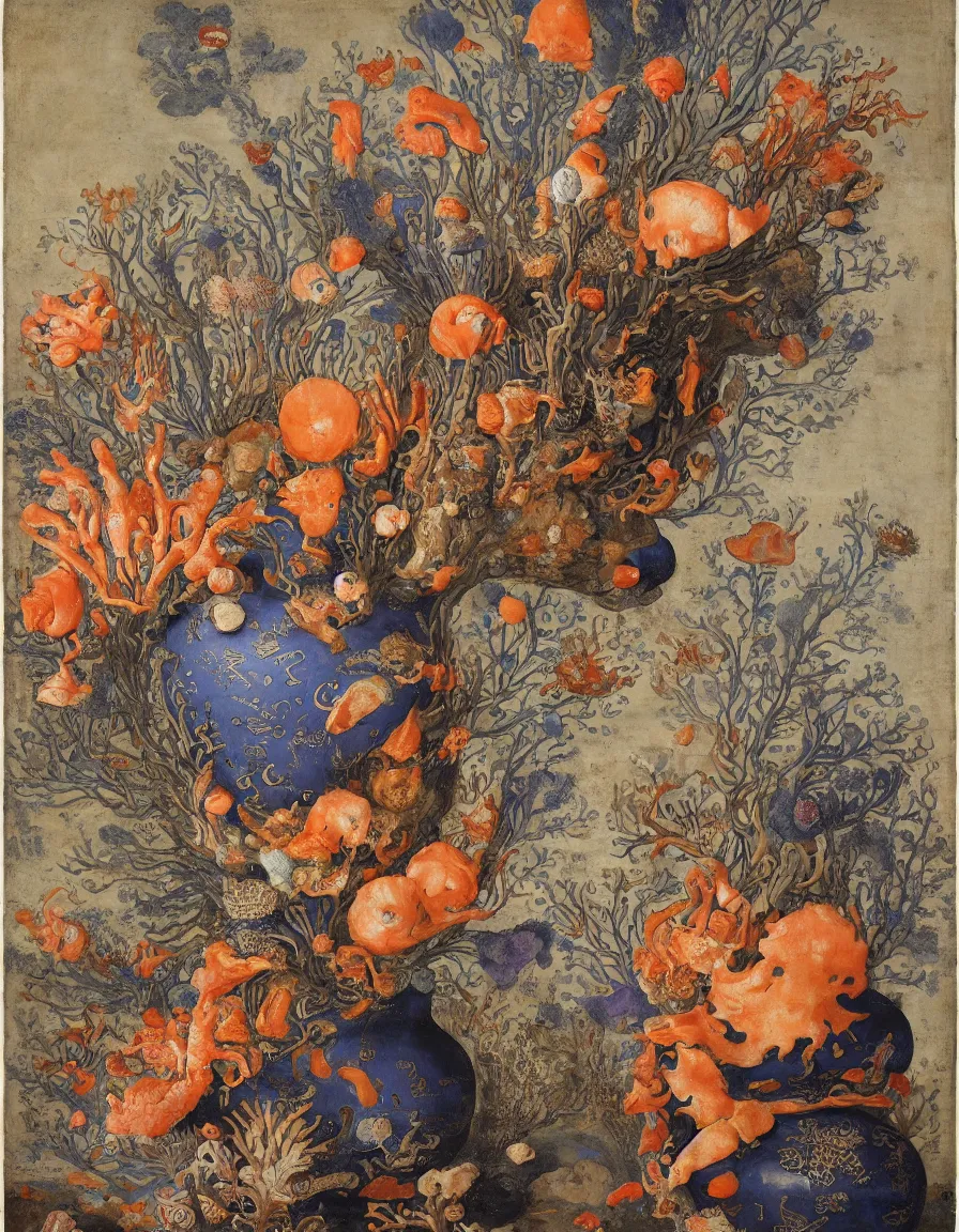 Image similar to Ming vase of coral under the sea decorated with a dense field of stylized scrolls that have opaque outlines enclosing mottled blue washes, with orange shells and purple fishes, Ambrosius Bosschaert the Elder, oil on canvas, around the edges there are no objects