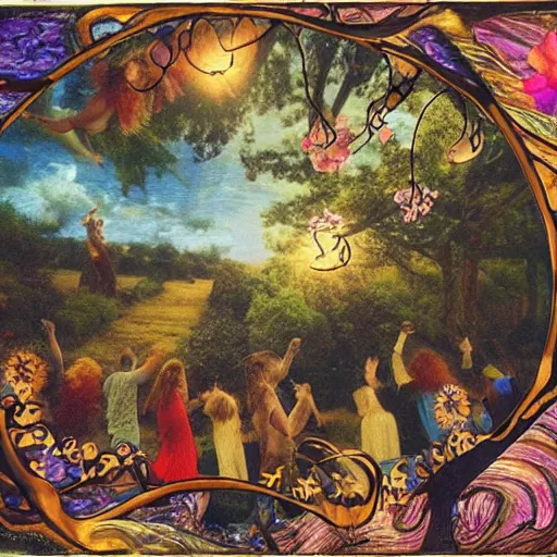 Image similar to preraphaelite hippies dancing in a flower forest, magic occult ceremony ritual summoning guitar, flowing forms, viewed from below, ultra wide angle, beautiful sky, highly detailed