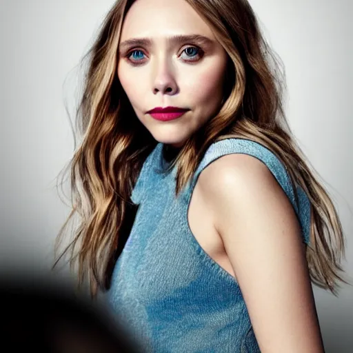 Image similar to elizabeth olsen on a studio for photoshoot, highly detailed, photorealistic portrait, bright studio setting, studio lighting, crisp quality and light reflections, unreal engine 5 quality render