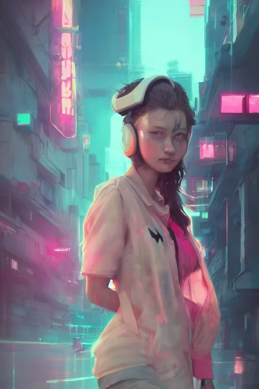 Image similar to gamer girl with a pink headset, city street, cyberpunk, harsh neon lights, highly detailed, sharp focus, digital painting, illustration, trending on artstation, art by sakimichan, wlop, greg rutkowski