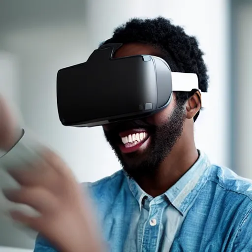 Prompt: A black man with black hair wearing a vr headset, smiling, realistic, ultra HD