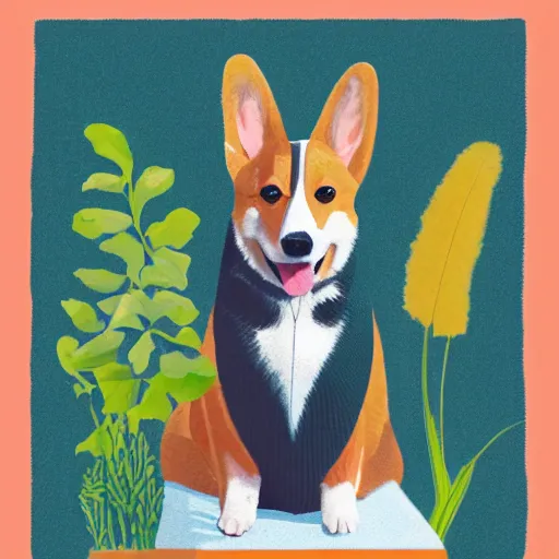 Image similar to A corgi in the style of Jesse Jacobs, natural elements