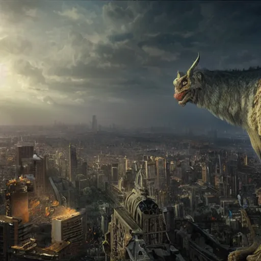 Prompt: enormous creature looming above a city, seen from a distance, volumetric lighting, 8 k octane beautifully detailed render, post - processing, extremely hyper - detailed, intricate, epic composition, cinematic lighting, masterpiece, trending on artstation, masterpiece, stunning art by anders zorn, wonderful masterpiece by greg rutkowski, beautiful cinematic