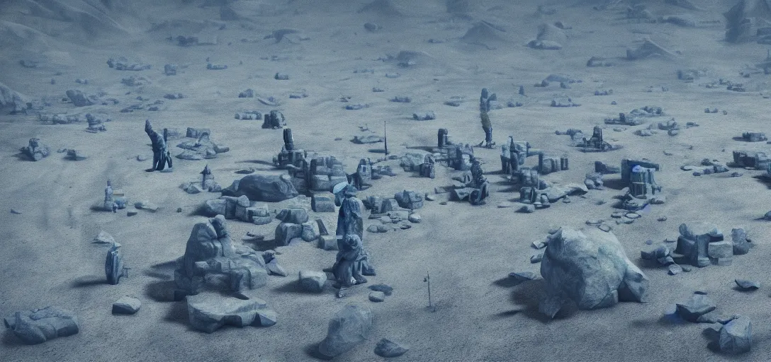 Prompt: a barren blue desert in blue light, scattered with the ruins of statues of blue female figures, cinematic composition, chalky, artstation trending