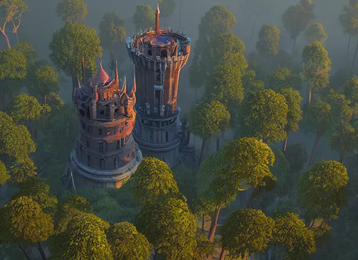 Image similar to overhead view of the great tower of the south in the magical forest of saporra, medium shot, studio ghibli, pixar and disney animation, sharp, rendered in unreal engine 5, anime key art by greg rutkowski, bloom, dramatic lighting