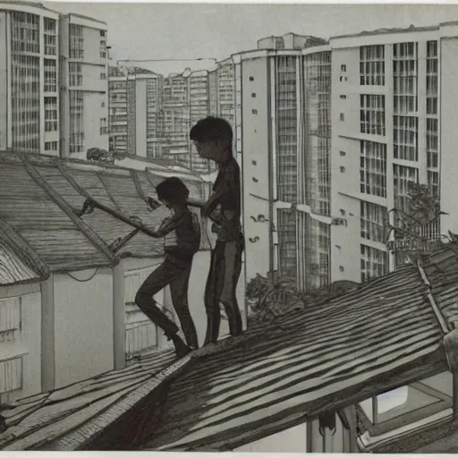 Image similar to art of two singapore students on the roof of a hdb flat, by moebius