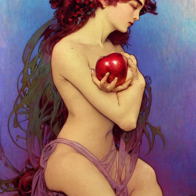 Prompt: an aesthetic! detailed close - up portrait of an aesthetic woman crying mournfully while holding an apple, by frank frazetta and alphonse mucha, oil on canvas, bright colors, art nouveau, epic composition, dungeons and dragons fantasy art, hd, god - rays, ray - tracing, crisp contour - lines, huhd - 8 k