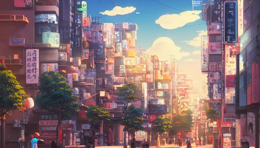 Image similar to A highly detailed matte painting of a tokyo street with a bright shimmering sky by Studio Ghibli, Mokoto Shinkai, by Artgerm, by beeple, volumetric lighting, octane render, 4K resolution, trending on artstation, vivid colours