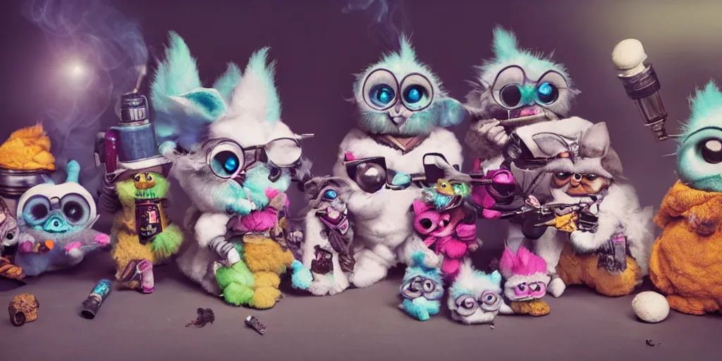 Image similar to a small group of furbies smoking cannabis!!!!! furbies with bongs!! smoking pipes!! and joints!!, smoke! fills the air of a small room, studio lighting, photograph