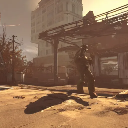 Prompt: Cannes, France in ruins post-nuclear war in Fallout 4, in game screenshot