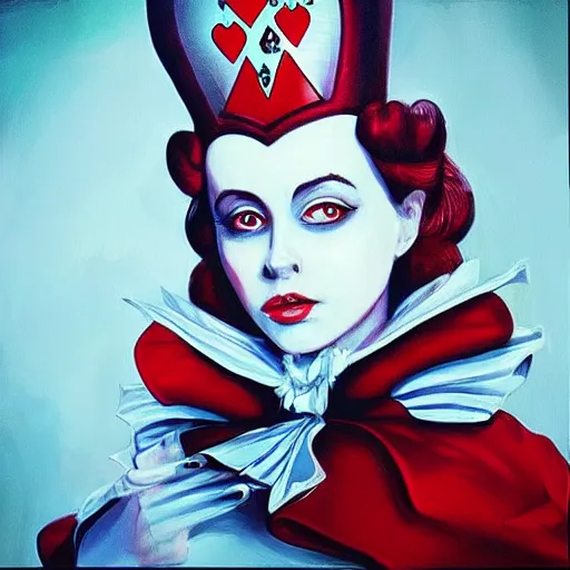 Image similar to “Queen of Hearts from Alice in Wonderland, realism, fantasy, trending on Artstation”