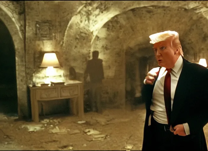 Prompt: screenshot from moody scene of Donald Trump in a lair, scene from the film Batman and Rob 1997 film directed by Joel Shoemacher, kodak film stock, anamorphic lens, 4K, detailed set design, stunning cinematography