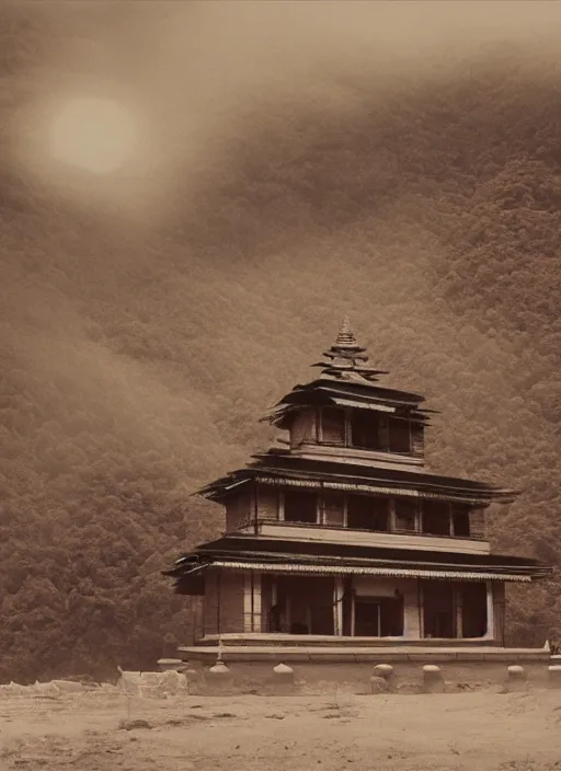 Image similar to hyper realistic and detailed vintage photo of a nepalese temple with rays of the sun shining though smoke and dust with himalayan peaks behind by national geographic