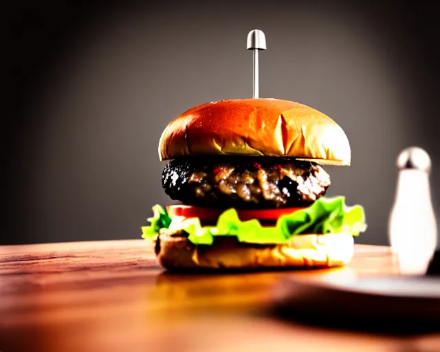 Prompt: big juicy burger, depth of field, food photography, uplight, studio, bokeh, gmaster, cooking, food, kodak, sony, canon