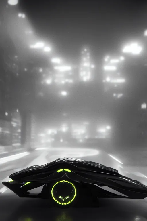 Image similar to the batmobile driving through a futuristic city. fluorescent light. pov from behind the wheel. octane render. 8 k. monochrome. black and white. mist. atmospheric. cinematic.