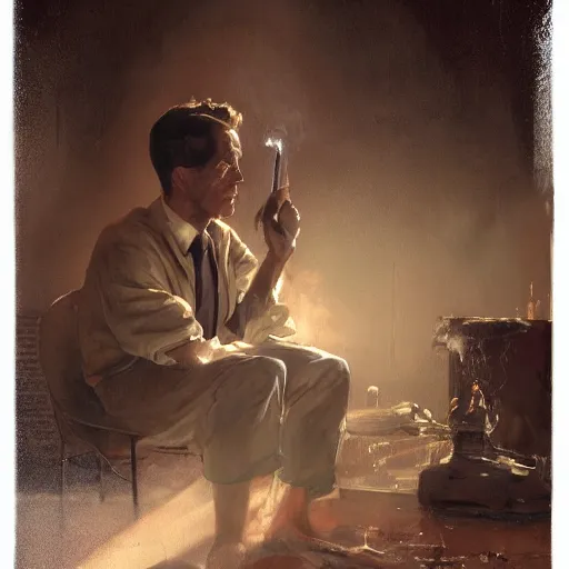 Image similar to a highly detailed epic cinematic concept art CG render digital painting artwork costume design: Henry Fonda as a 1950s tired disillusioned poet, barefoot, smoking a cigarette. volumetric lighting. By Greg Rutkowski, in the style of Francis Bacon and Syd Mead and Norman Rockwell and Beksinski, open ceiling, highly detailed, painted by Francis Bacon and Edward Hopper, painted by James Gilleard, surrealism, airbrush, Ilya Kuvshinov, WLOP, Stanley Artgerm, very coherent, triadic color scheme, realistic facial expression, art by Takato Yamamoto and James Jean