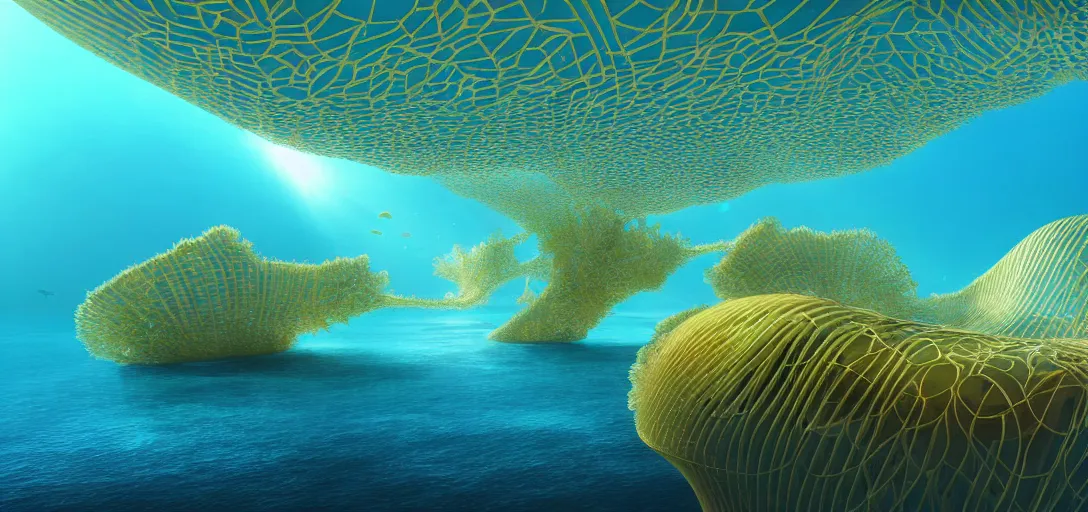 Image similar to solarpunk underwater coral shaped buildings by frank gehry and wlop, dystopian golden buildings by santiago calatrava and zaha hadid, underwater seascape, kelp forest flynn reef, light rays, sharp focus, big bubble waterfalls, colorful coral algaes forest, subsurface scattering, rule of thirds, redshift render