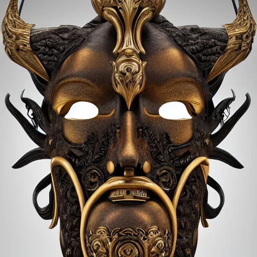 Prompt: beautiful ceremonial bilaterally symmetrical beast mask, classical ornamental entail design, fibonacci flow, acroteria, encarpus, emblem, large medium and small elements, by russ abbott, albrecht durer, artgerm, rutkowski, trending on artstation, rendered in octane, 8 k