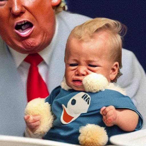 Prompt: Donald trump as a man baby crying, sitting in a high chair, because his mom is with holding a plate chicken nuggets, mannerism,