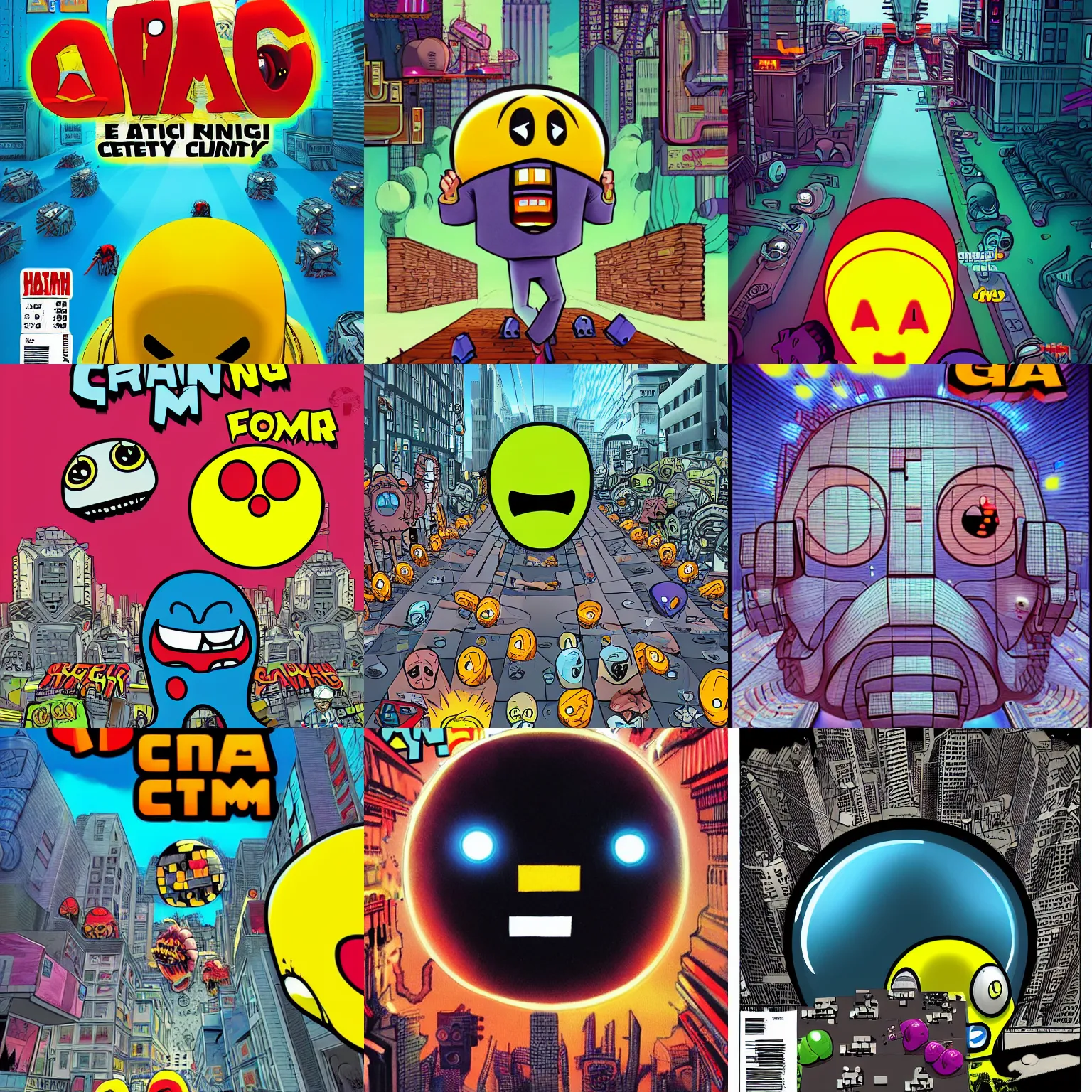 Prompt: a comics cover angry giant 3 d pacman, screaming fearful running people in ruined cybernetic future city, realism, ultra mega super realism, hyper realistic, hyper detailed, 8 k