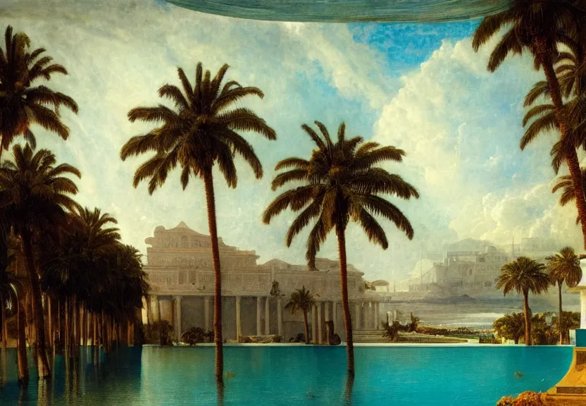 Image similar to Palace floating in the sky, 1km tall, thunderstorm, greek pool, beach and palm trees on the background major arcana sky, by paul delaroche, hyperrealistic 4k uhd, award-winning very detailed