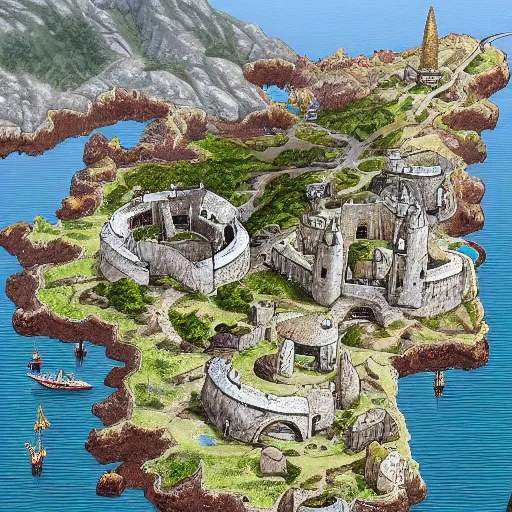 Image similar to The city of Tar Valon fills the entire island of the same name, which is eight miles long and three miles wide at its widest point. The entire island is surrounded by thick, impressive walls, approximately 50 feet tall and punctuated by sixty-four guard towers, each around 100 feet high.