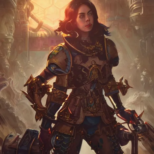 Image similar to warhammer 4 0 k aubrey plaza, intricate, elegant, highly detailed, digital painting, artstation, concept art, matte, sharp focus, illustration, hearthstone, art by artgerm and greg rutkowski and alphonse mucha