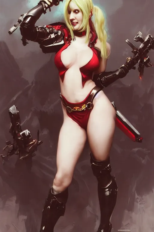 Image similar to portrait of succubus Harley Quinn in bikini armor, dc comics, cyberpunk, Warhammer 40000, dark fantasy, digital art from artstation by Ruan Jia and Mandy Jurgens and Artgerm and william-adolphe bouguereau