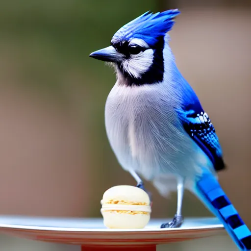 Image similar to photo of blue jay standing in a plate filled with blue macaroons