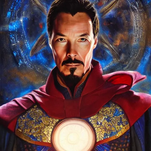 Image similar to dr strange in iron man armor, very detailed oil painting, fantasy magic science art