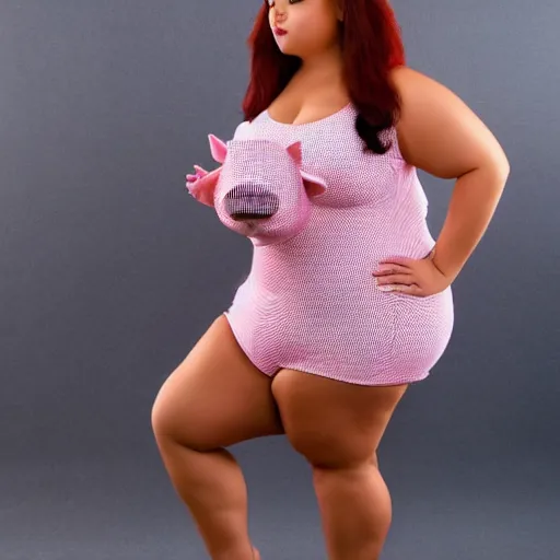 Image similar to A beautiful curvy woman with a pig face. Full body shot, ultra-sharp.