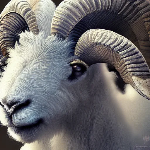 Prompt: ram sheep, intricate, futuristic, ultra realistic, hyper detailed, cinematic, digital art