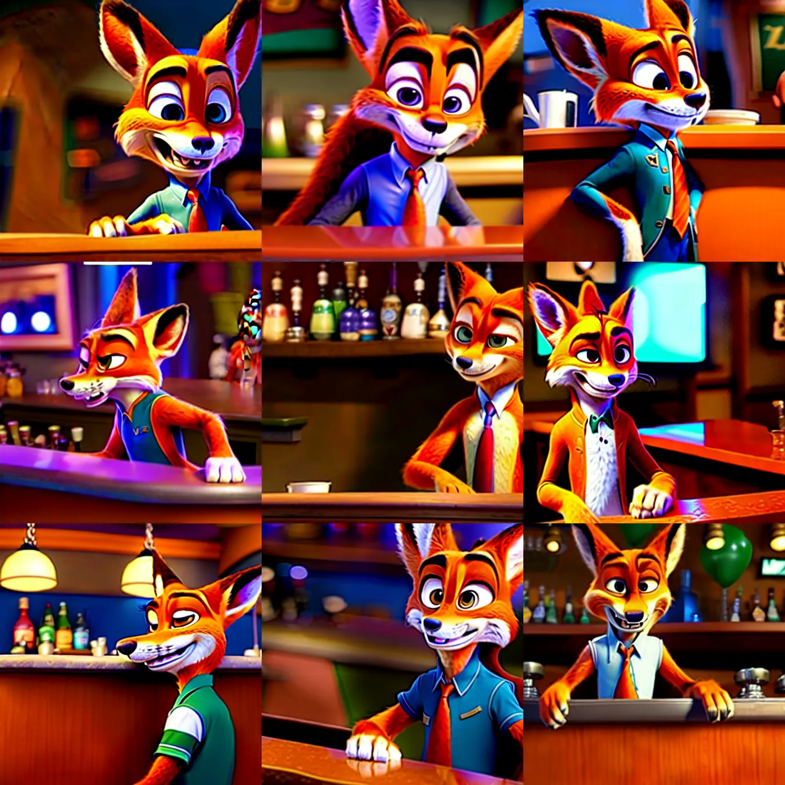 Image similar to Nick Wilde (from Zootopia) dressed in his usual outfit, sitting right across the bar from you.