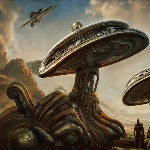 Prompt: alien invasion Ancient Greece, UFOs, oil on canvas, portrait, intricate, 8k highly professionally detailed, HDR, CGsociety