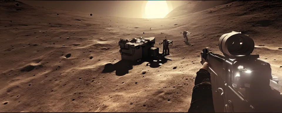 Prompt: gunfight on the moon, photorealistic, cinematic, high - res