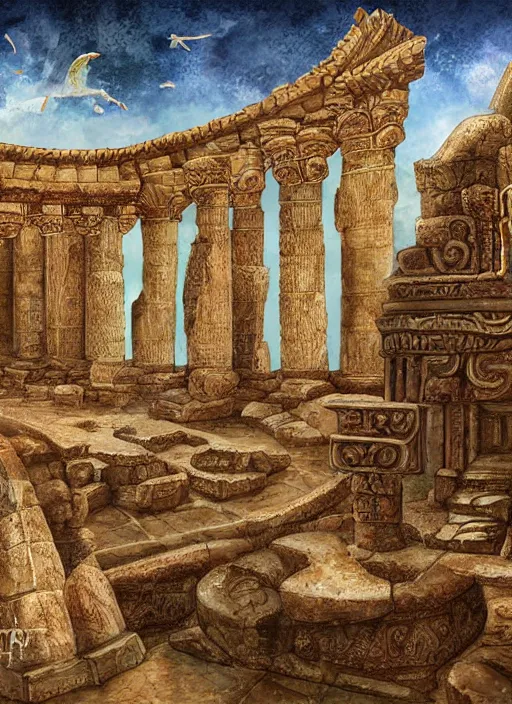 Prompt: temple of the serpent kings, ancient near east, ruins, intricate digital painting, extreme detail