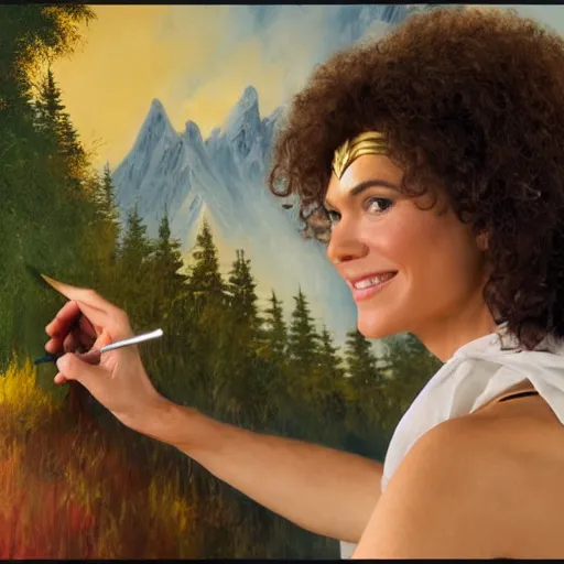 Image similar to a closeup photorealistic photograph of bob ross working on a canvas painting of wonder woman. film still. brightly lit scene. mountains and trees. this 4 k hd image is trending on artstation, featured on behance, well - rendered, extra crisp, features intricate detail, epic composition and the style of unreal engine.