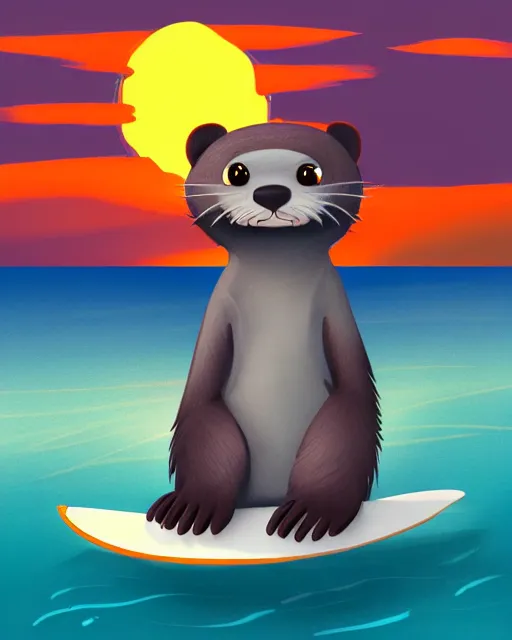 Image similar to a cute anthropomorphic grey otter fursona furry on the beach wearing a wetsuit holding a surfboard, turquoise hair orange nose, smiling, sunset, volumetric light, detailed, photorealistic, 4 k, hdr, artstation, deviantart, digital illustriation