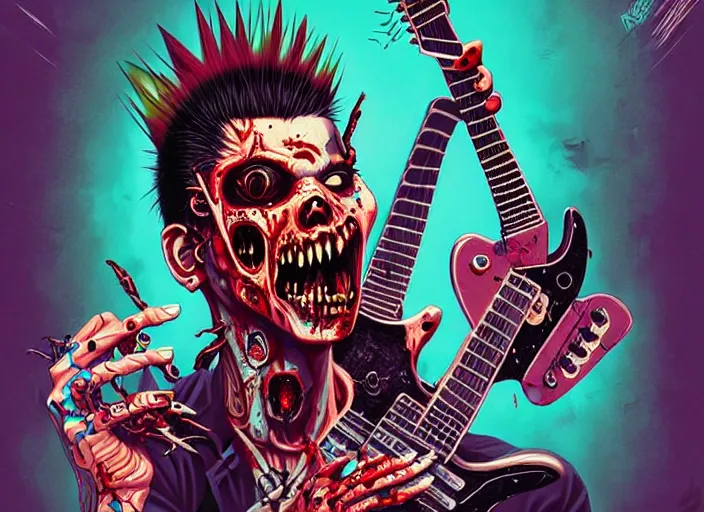 Image similar to a zombie punk rocker with a mohawk holding a stratocaster, tristan eaton, victo ngai, artgerm, rhads, ross draws