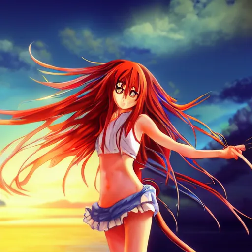 Image similar to anime style, vivid, expressive, full body, 4 k, painting, a cute magical woman with a long wavy black hair at beach, stunning, realistic light and shadow effects, centered, simple background, ikki tousen, studio ghibly makoto shinkai yuji yamaguchi