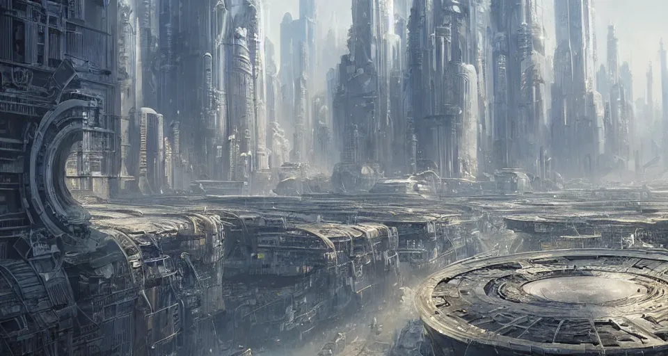 Image similar to hyper realistic sci - fi matte concept art painting of city made from giant stacks of disks, beautiful details, strong composition painted by kim jung guweta studio rutkowski, james gurney and greg rutkowski, and lucasfilm, smooth, intricate, detailed, sharp focus, cinematic