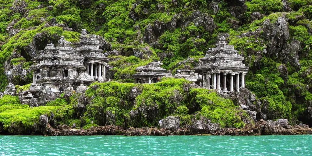Image similar to ancient temple on hidden island in the middle of the ocean, detailed, old, mossy