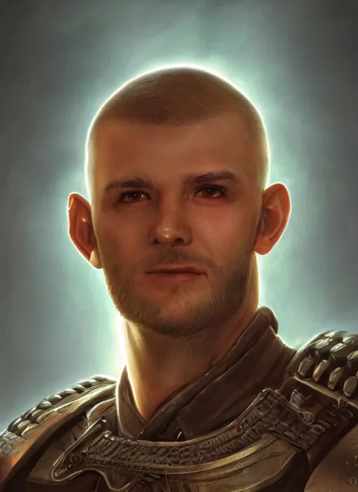 Image similar to buzzcut hair stubble male gunslinger shooter, dndbeyond, bright, realistic, dnd character portrait, full body, art by ralph horsley, dnd, rpg, lotr game design fanart by concept art, behance hd, artstation, deviantart, global illumination radiating a glowing aura global illumination ray tracing hdr render in unreal engine 5