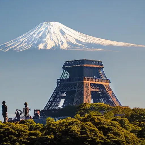 Prompt: fujiyama mountain with eiffel tower on top