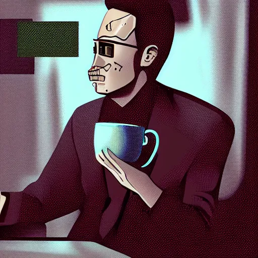 Prompt: portrait of a handsome startup CEO having a cup of coffee. cyberpunk style, digital art