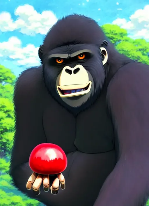 Image similar to anime gorilla holding a very small red mushroom, big smile on face, sunny sky background, lush landscape, illustration concept art anime key visual trending pixiv fanbox by wlop and greg rutkowski and makoto shinkai and studio ghibli and kyoto animation, symmetrical facial features, black shirt,