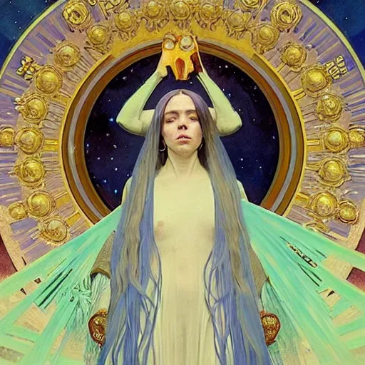 Prompt: closeup : billie eilish as the empress of the universe sits on stellar throne, concept art for a scifi film. by alphonse mucha and edward hopper. sharp focus, cinematic atmosphere, detailed and intricate, perfect anatomy, meticulous detail