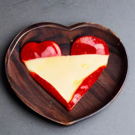 Image similar to heart shaped plain magerhita cheese pizza, 4 - 5 cherry tomata served on a wooden plate, no toppings only cheese ( ( ( no pepperoni ) ) )