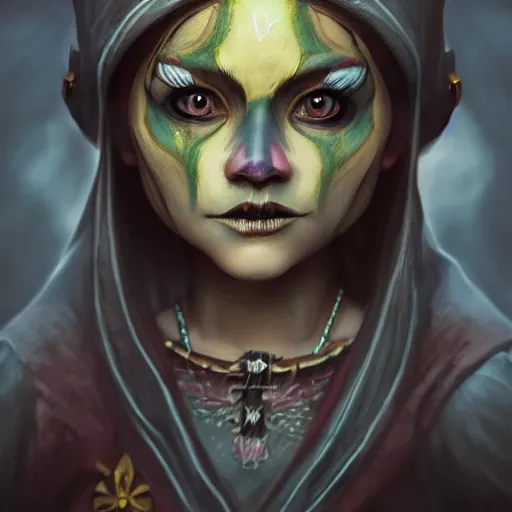 Prompt: portrait of a beautiful female gnome, skull facepaint, dark robes, moonlight, D&D, sharp focus, concept art, realistic, cinematic lighting, fantasy digital painting